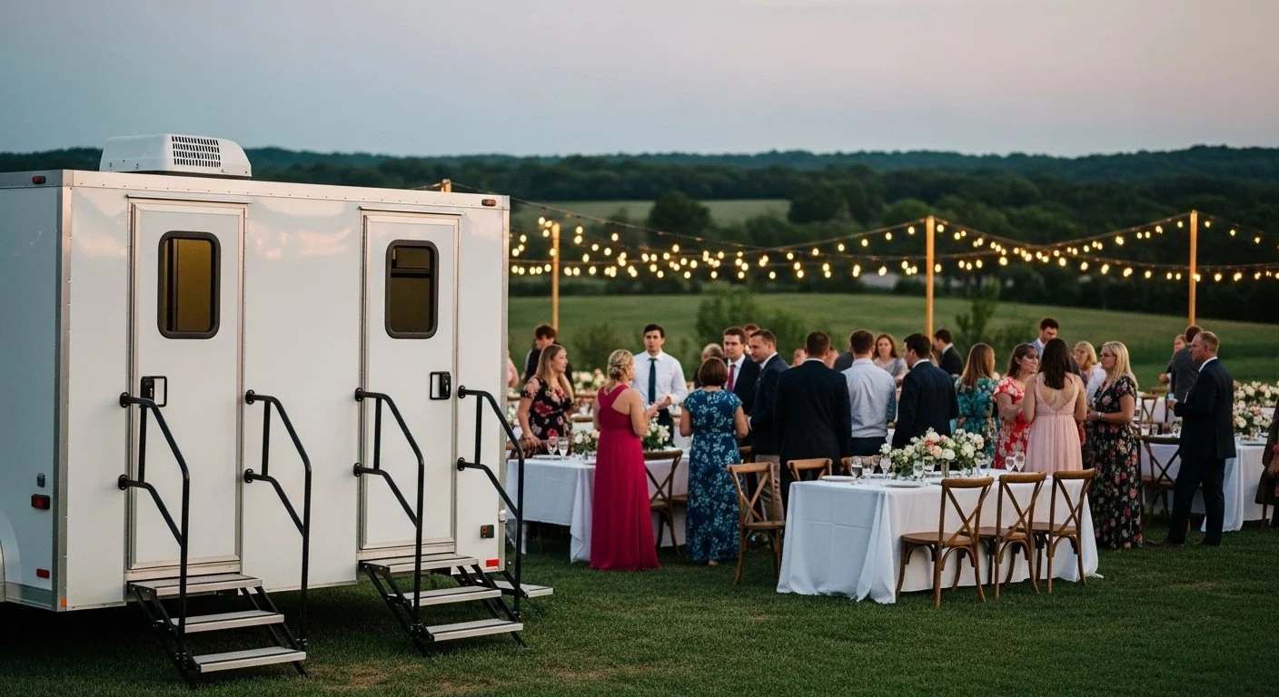 Outdoor wedding reception with string lights, tables with floral centerpieces, and guests in formal attire on a grassy field in Boardman, Ohio.