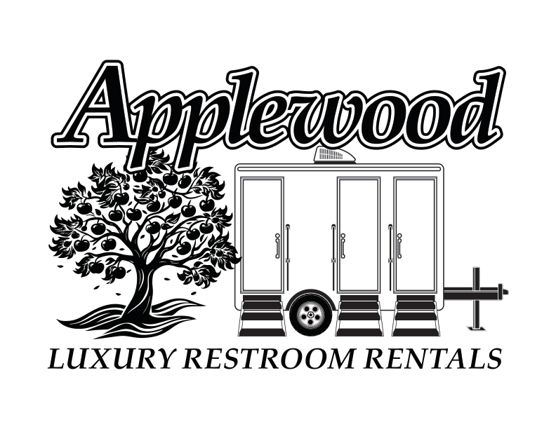 Logo for Applewood Luxury Restroom Rentals featuring a white trailer with steps, a large tree shadow in the background, and the text 'Applewood' above and 'Luxury Restroom Rentals' below.