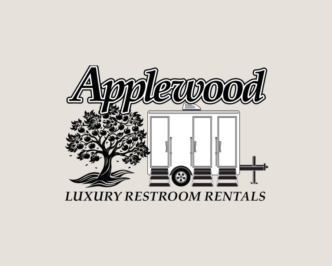 Logo for Applewood luxury restroom rentals featuring a tree, a restroom trailer, and the company name.
