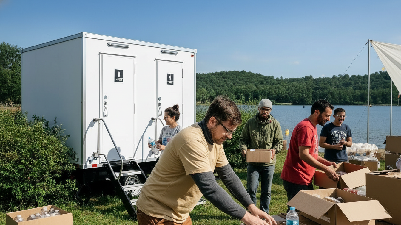 Group of people packing boxes outdoors near a lake in Northeastern Ohio with a white portable restroom trailer in the background.