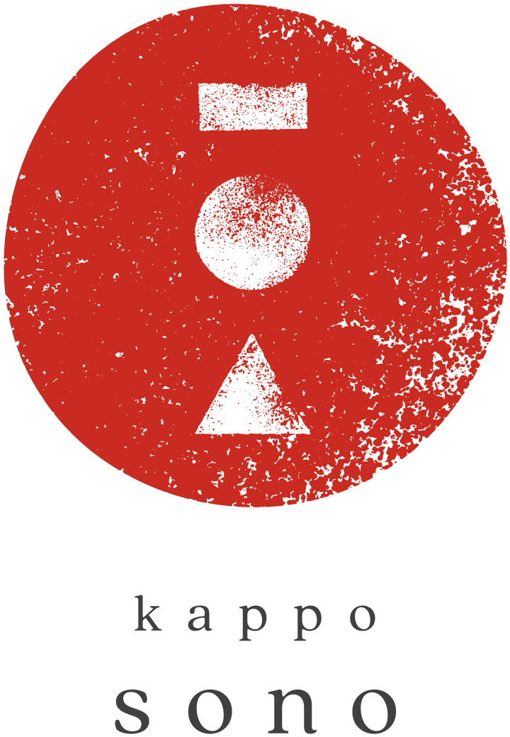 A red circle with a distressed texture containing a black rectangle at the top, a black circle in the middle, and a black triangle at the bottom. Below the circle, the words "kappo sono" are written in lowercase letters.