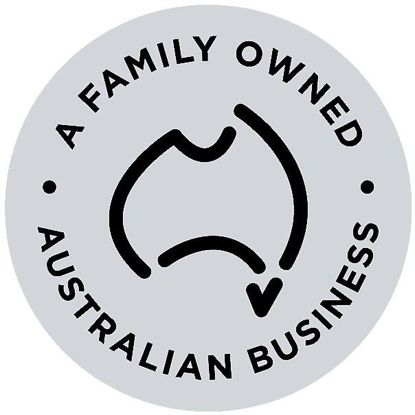 Circular badge with text 'A Family Owned Australian Business' surrounding a stylized map of Australia with a checkmark.