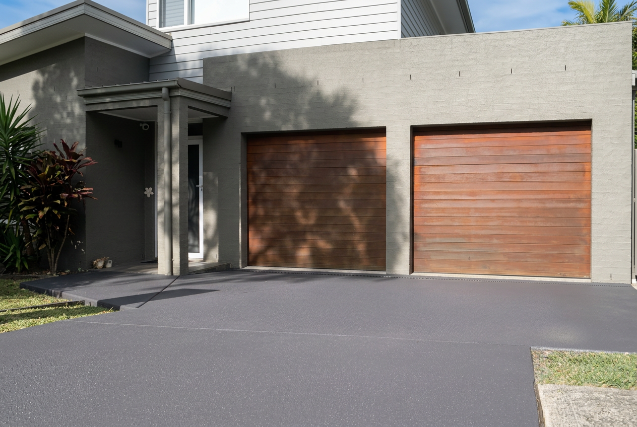 glenn monckton concrete revival, new concrete resurfacing, Modern house with a gray exterior, two wooden garage doors, a small front entrance, plants, and
