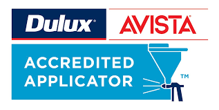 Dulux Avista Accredited Applicator logo with text and a paint spray gun graphic