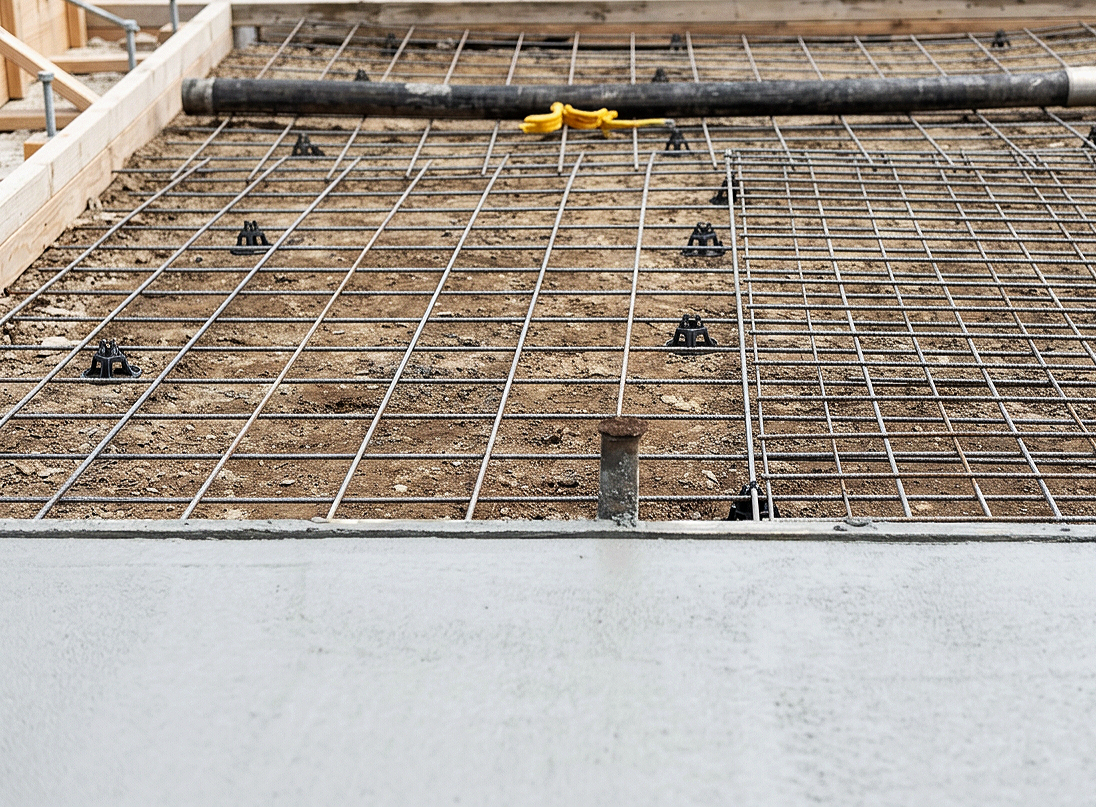 Glenn Monckton Concrete Revival concrete replacement slab, Construction site with rebar grid for concrete slab, wooden frame on sides, black pipe, and yellow wire in the background.