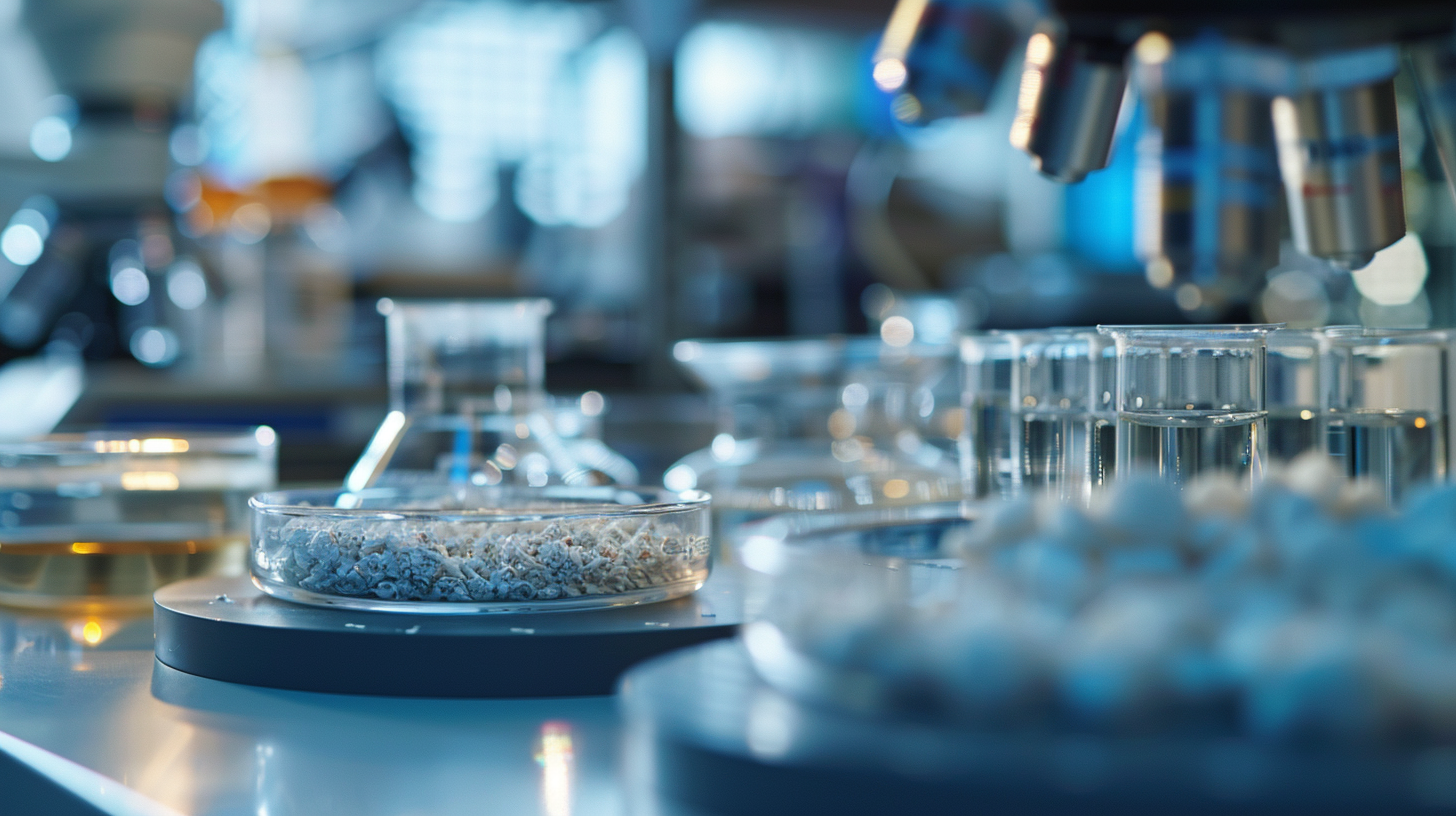 Laboratory setting with Petri dish, test tubes filled with liquid, and microscopic equipment.