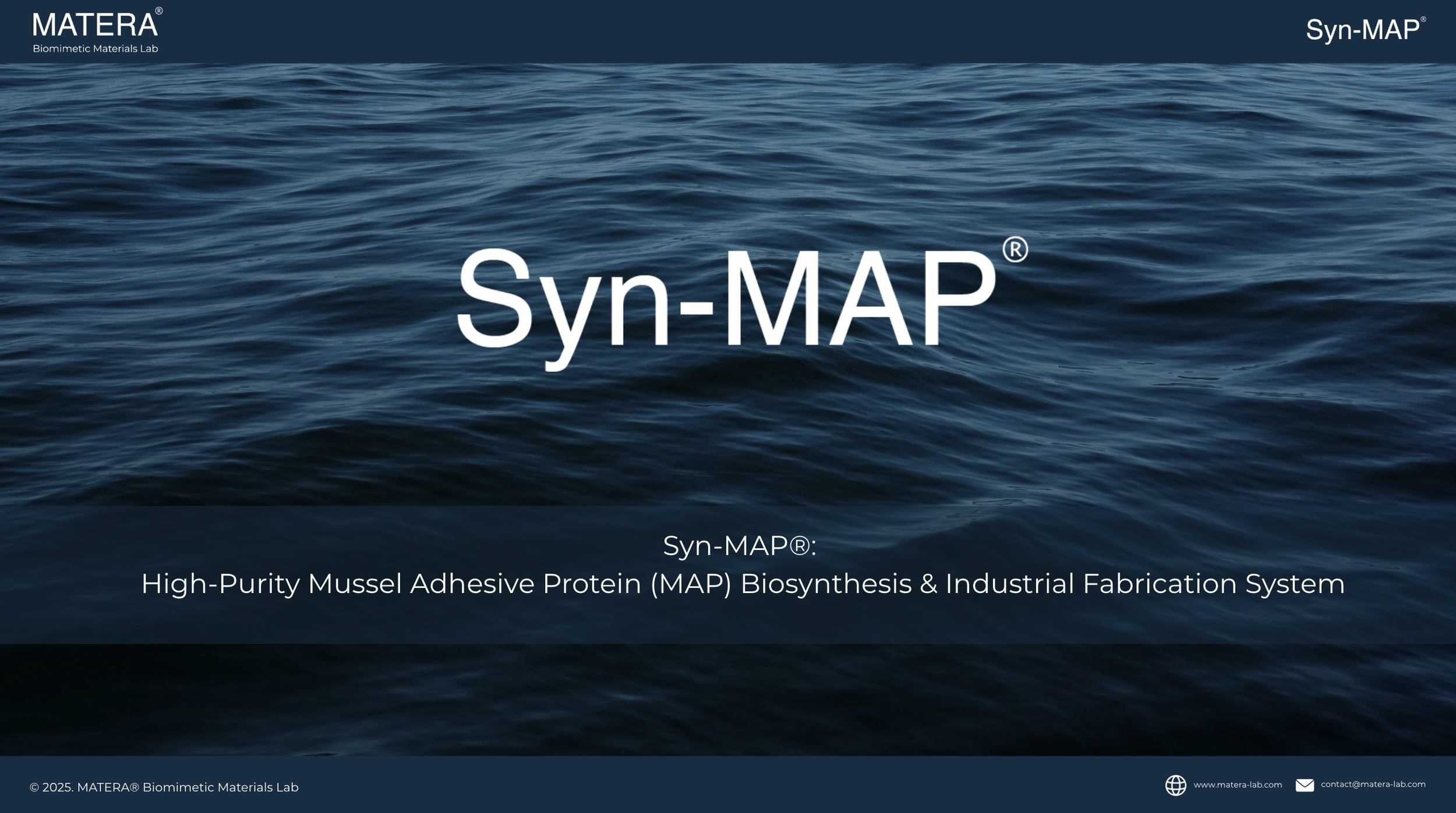 Slide presenting information about Syn-MAP, a high-purity mussel adhesive protein biosynthesis and industrial fabrication system, with a background of ocean water.