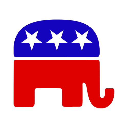 Illustration of an elephant with a patriotic design, featuring a blue top with three white stars and a red body.