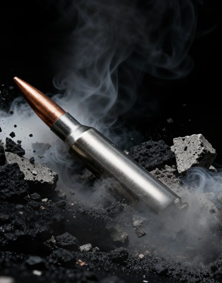 A bullet with a copper tip laying on black volcanic rocks with white smoke rising around it.