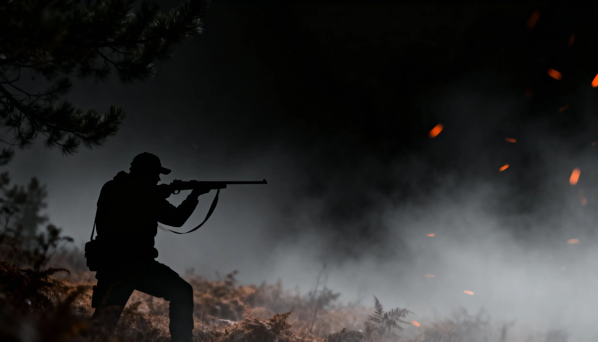 Silhouette of a person aiming a rifle in a forest at night with glowing embers or sparks flying around.