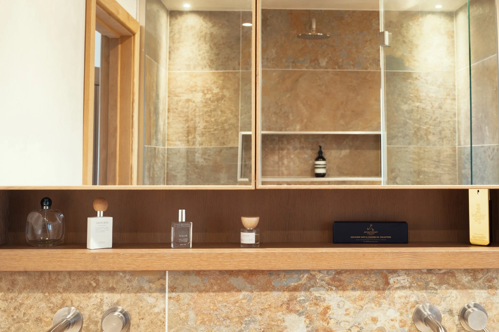 Bespoke oak bathroom cabinetry with integrated storage, Devon