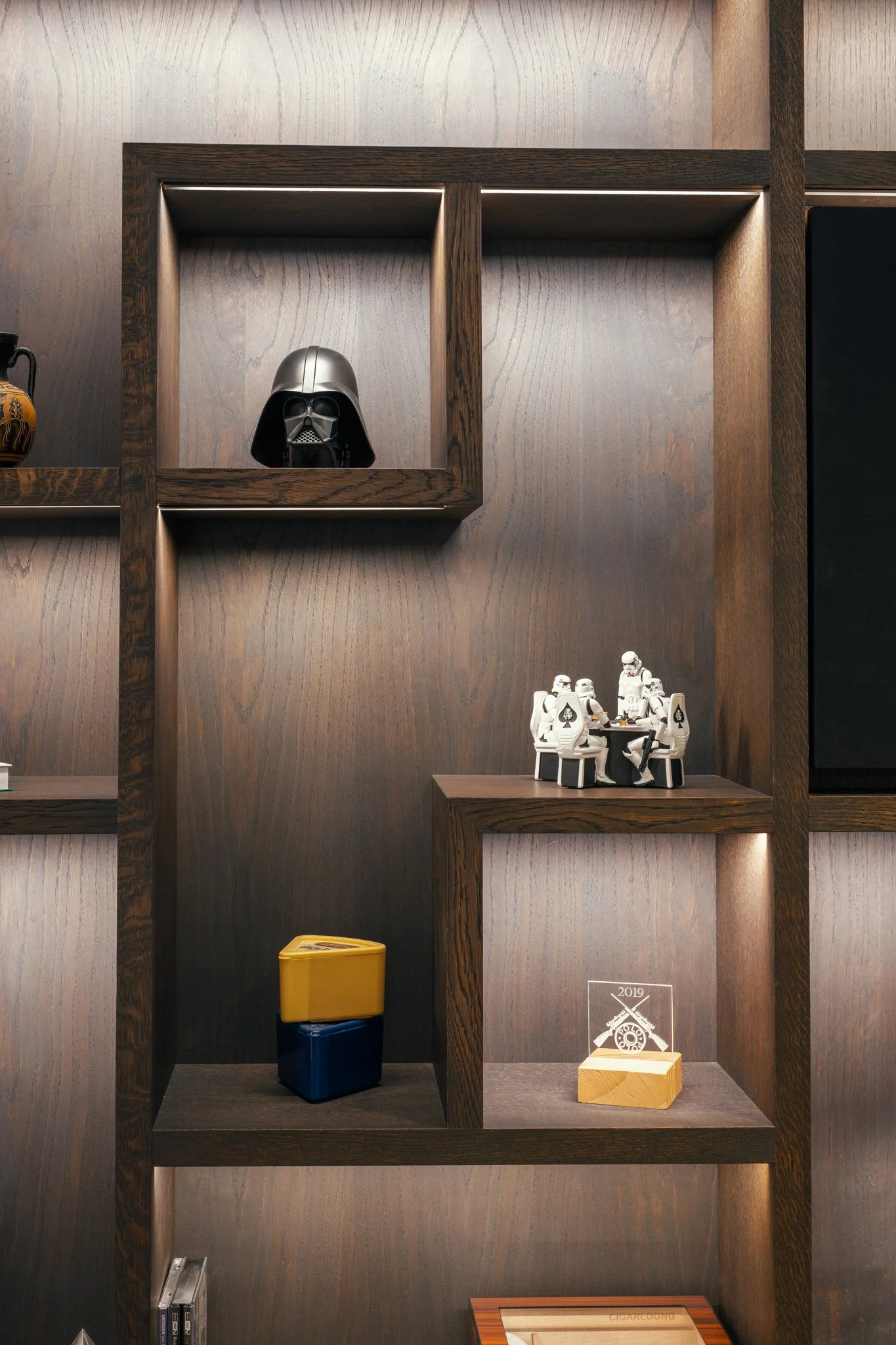 Luxury bespoke cinema room joinery with heavy Scottish oak veneer and lighting, Topsham Devon