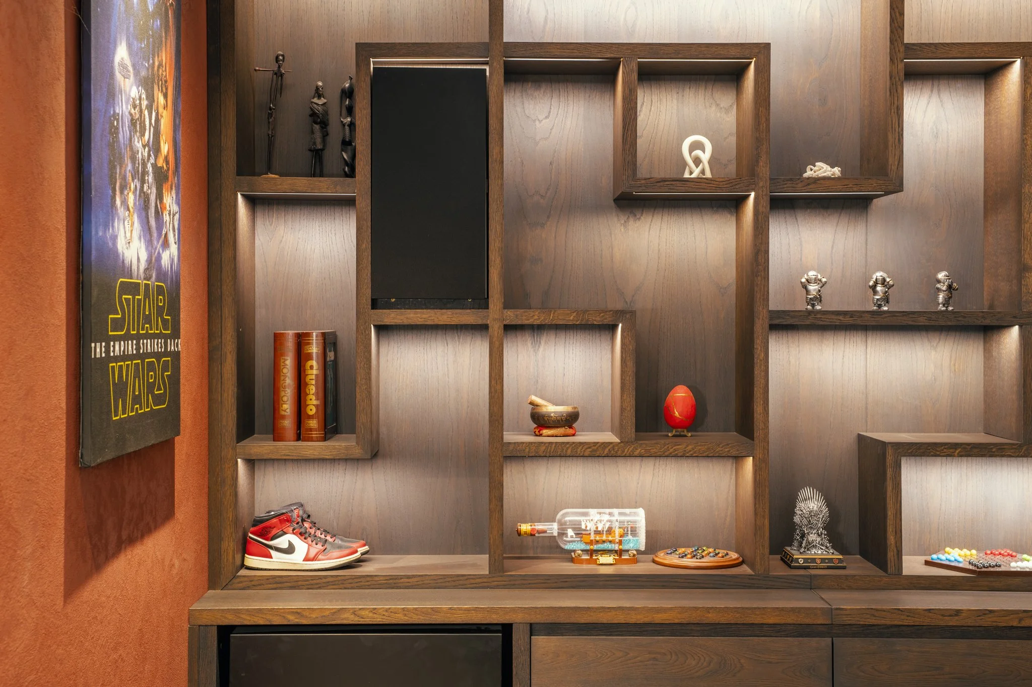 Luxury bespoke cinema room joinery with heavy Scottish oak veneer and lighting, Topsham Devon