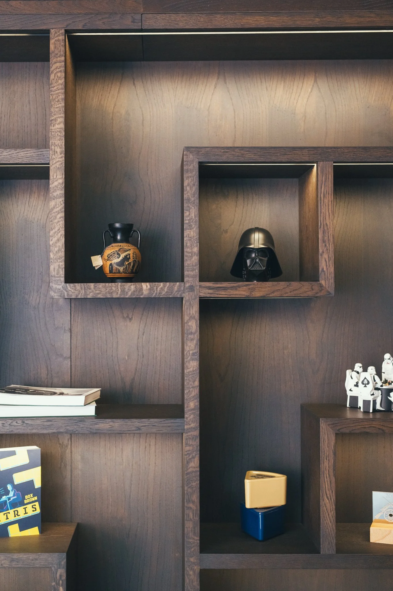 Luxury bespoke cinema room joinery with heavy Scottish oak veneer and lighting, Topsham Devon