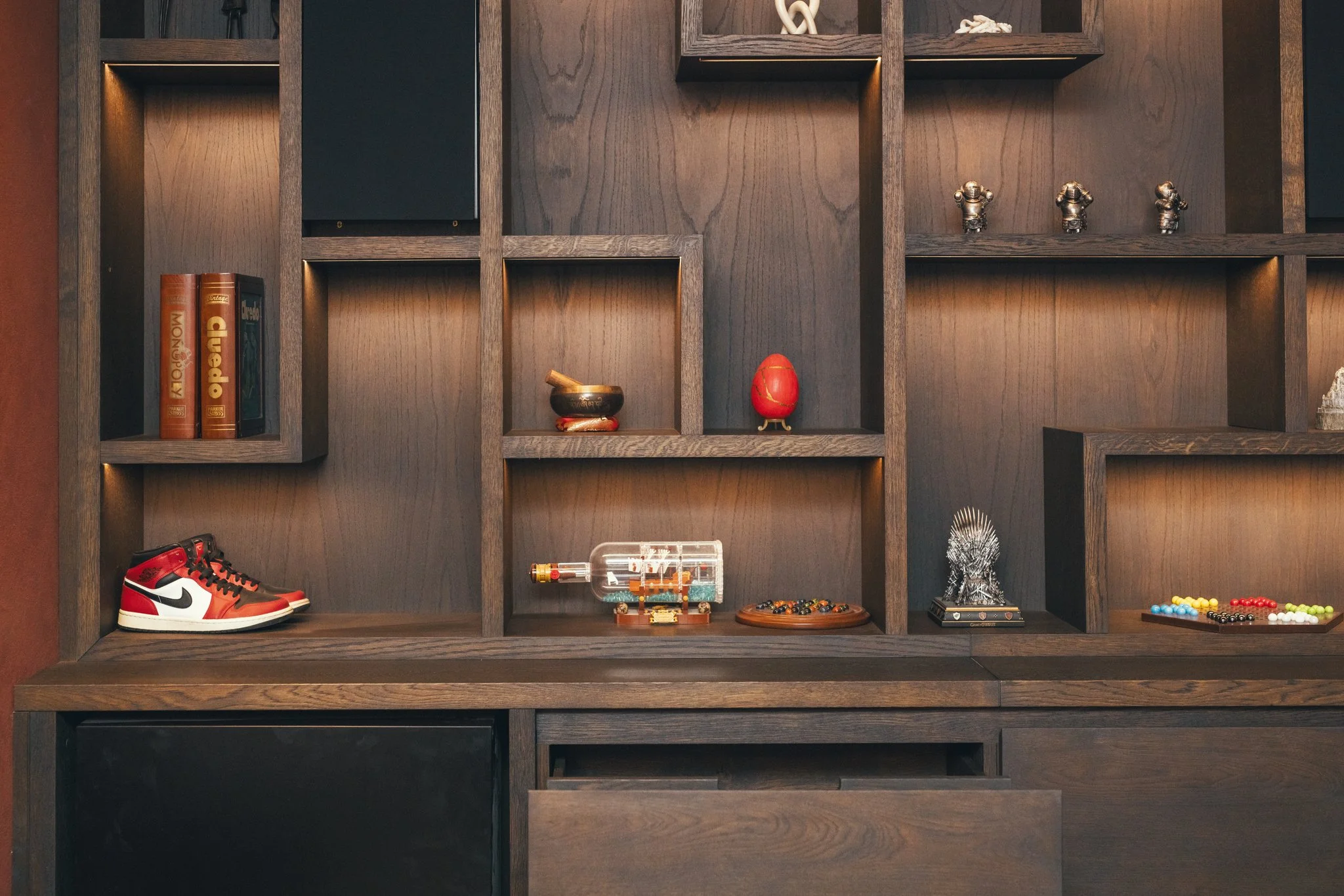 Luxury bespoke cinema room joinery with heavy Scottish oak veneer and lighting, Topsham Devon