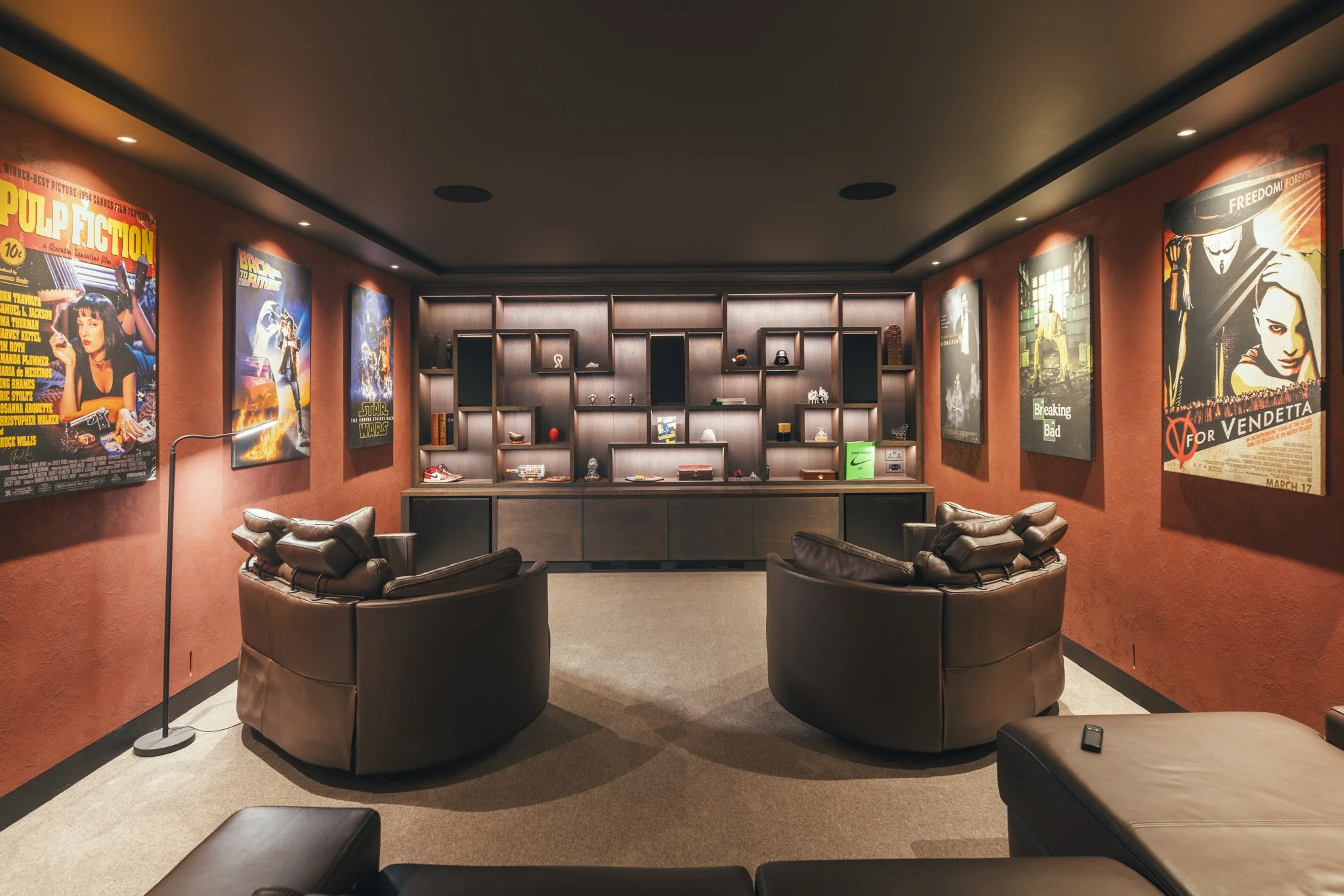 Luxury bespoke cinema room joinery with heavy Scottish oak veneer and lighting, Topsham Devon