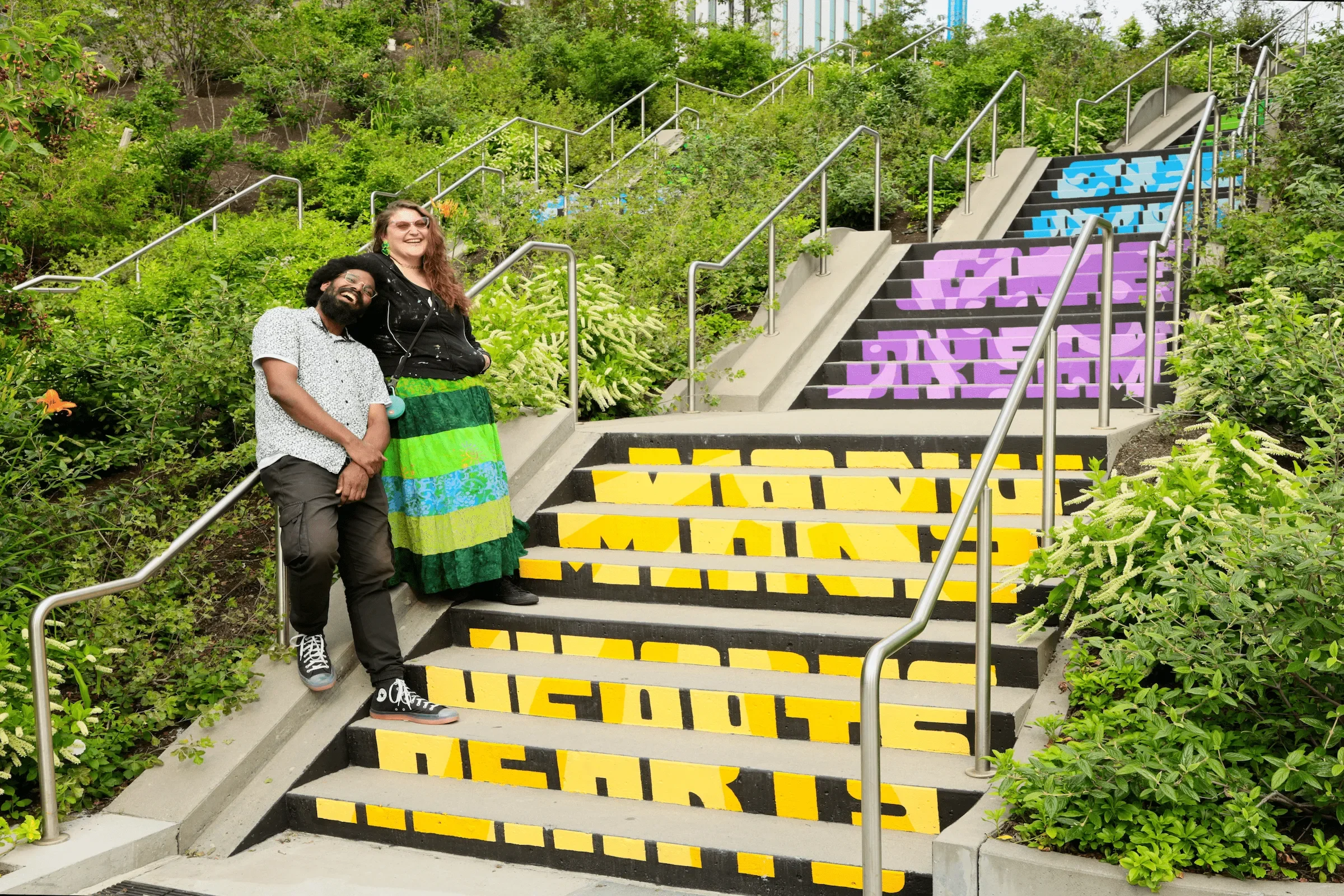  Michael Talbot &amp; Phoebe Warner,  Collective Ascension , 2023. Site-specific mural. Brian P. Murphy Memorial Staircase, Cambridge, MA. Project executed in collaboration with Community Art Center and facilitated by art_works for DivcoWest. © Micha