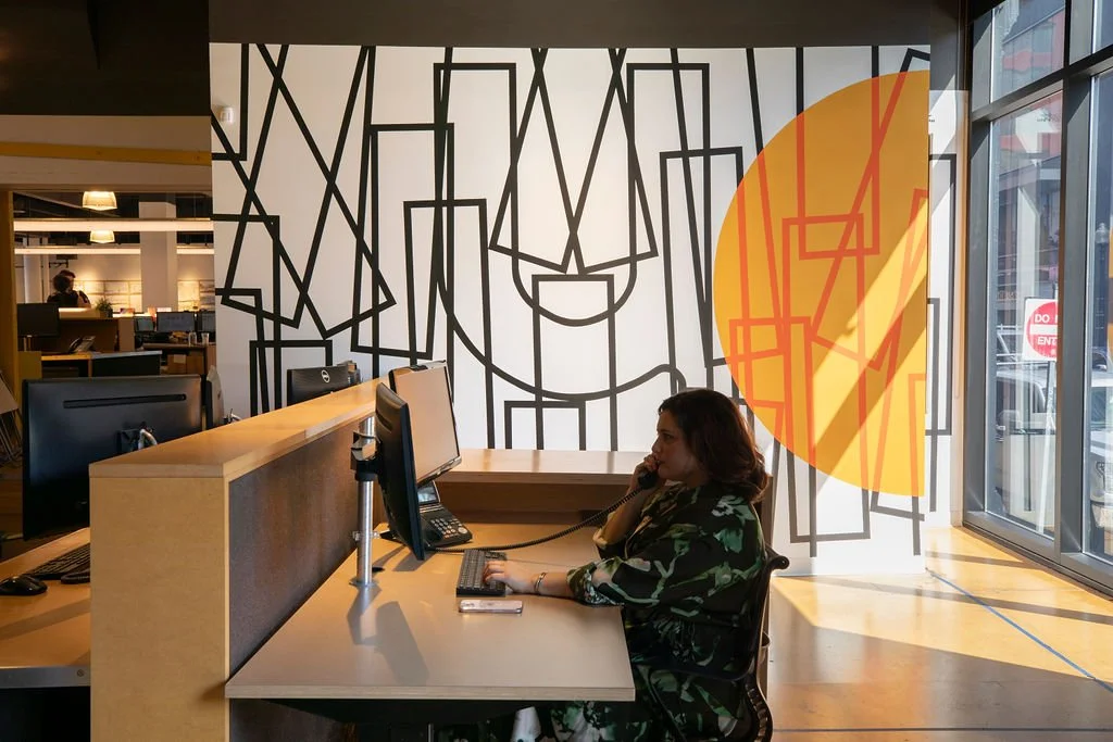  Cyrille Conan,  DIWAR-BENN (à propos) , 2024. Site-specific mural for Utile, 115 Kingston Street, Boston, MA. Project facilitated by art_works for Utile. © Cyrille Conan. Photography by Mel Taing. 