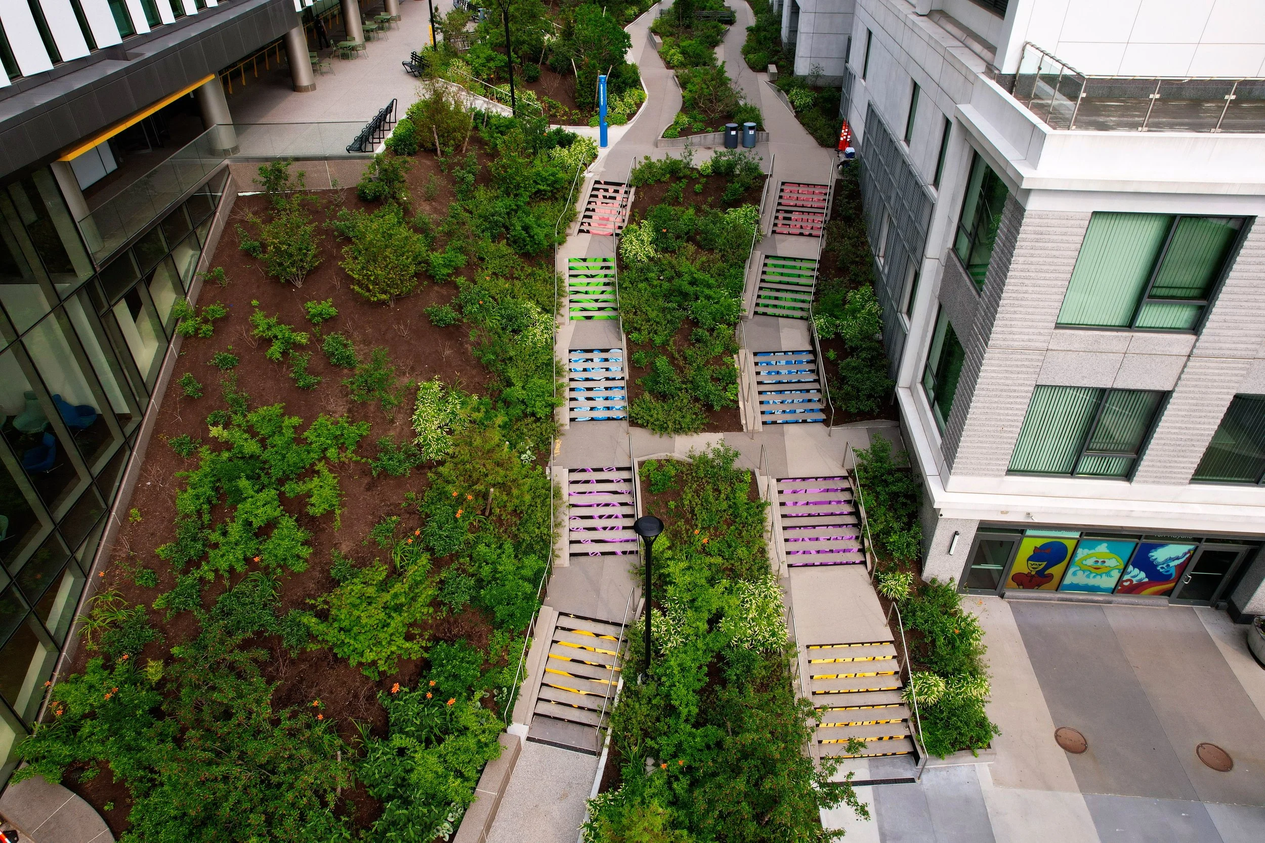  Michael Talbot &amp; Phoebe Warner,  Collective Ascension , 2023. Site-specific mural. Brian P. Murphy Memorial Staircase, Cambridge, MA. Project executed in collaboration with Community Art Center and facilitated by art_works for DivcoWest. © Micha