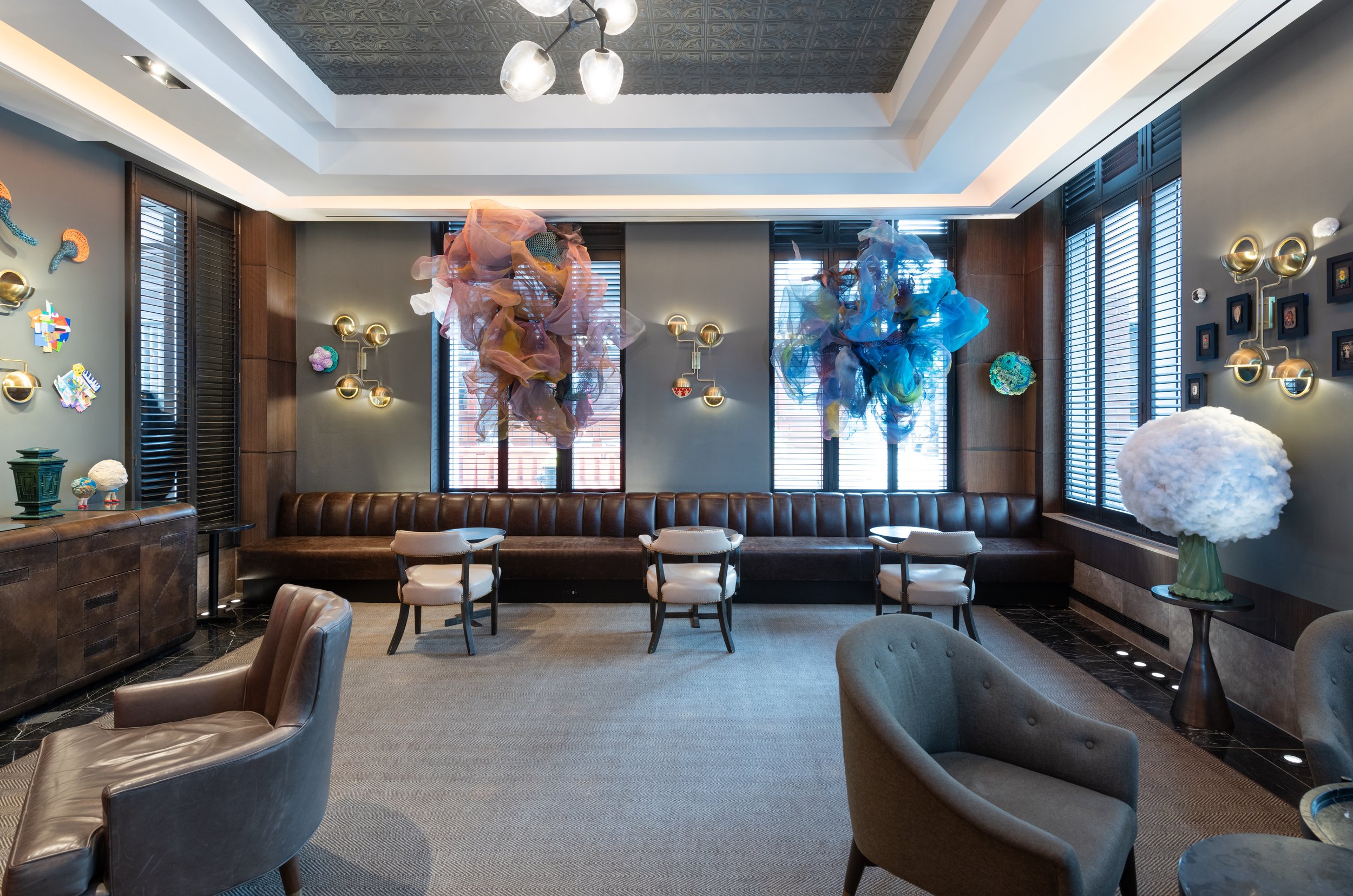  Installation view of  JOYFUL | SPACES OF GATHERING , Kimpton Nine Zero, Boston, MA. On view November 2021-January 2022. All artwork © the artists. Photography by Chuck Choi. 