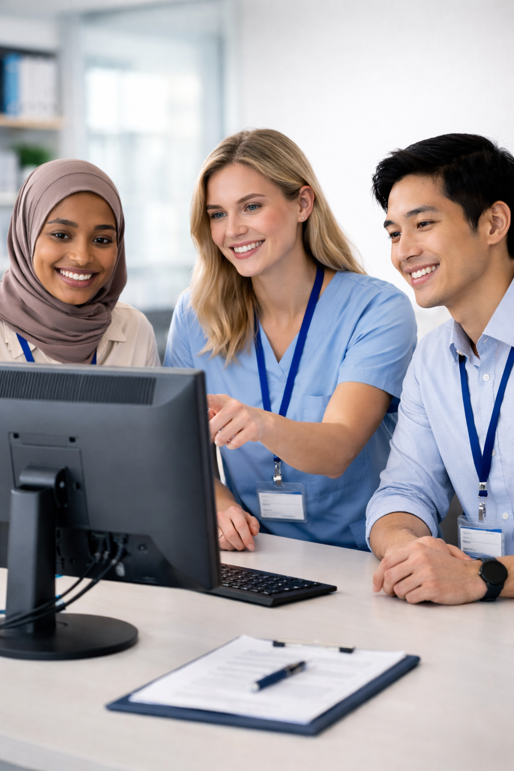 Three healthcare professionals, two women and one man, smiling and looking at a computer monitor during a discussion in a medical office.