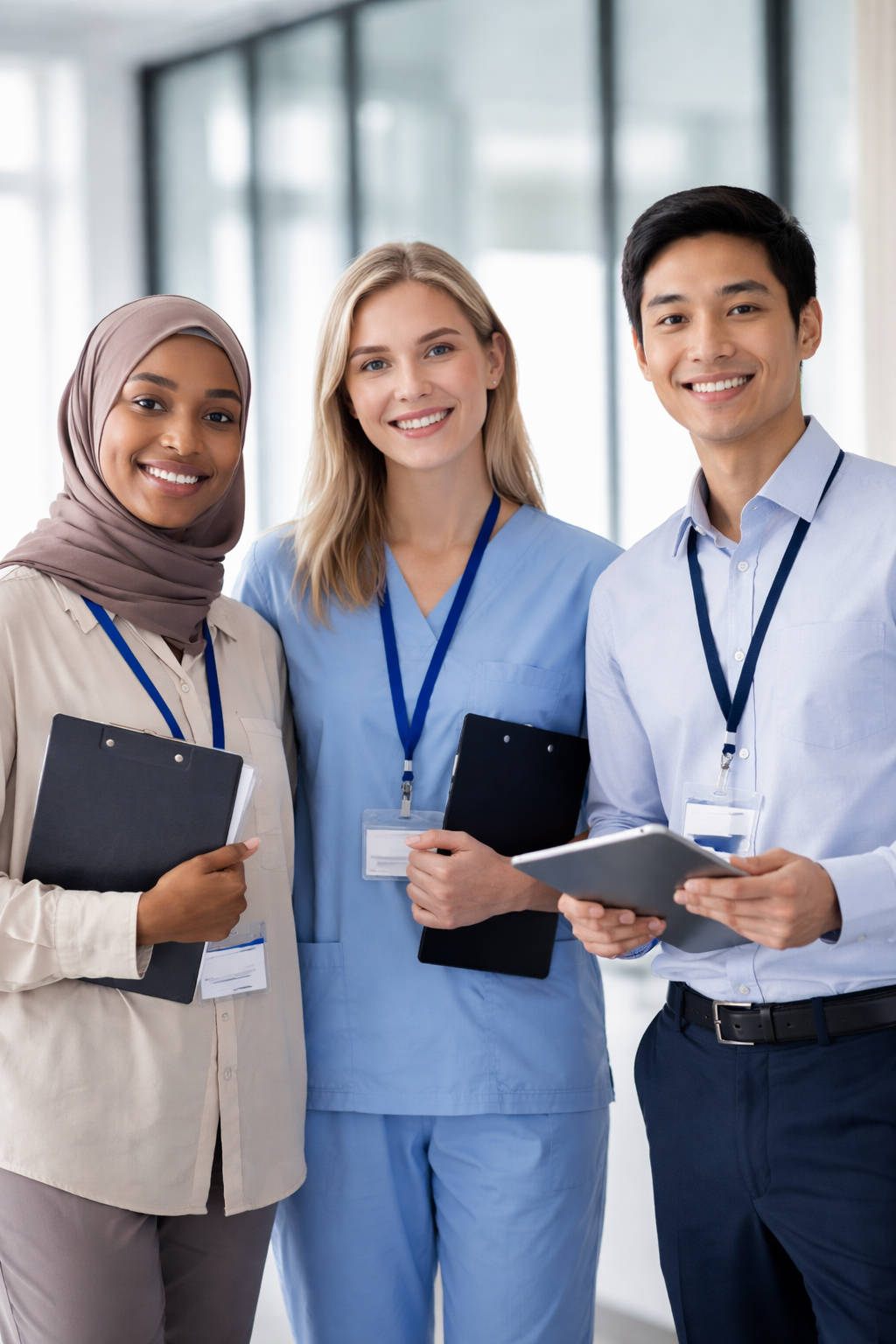 Three healthcare professionals smiling and holding clipboards or tablets, standing in a modern hospital or medical facility.