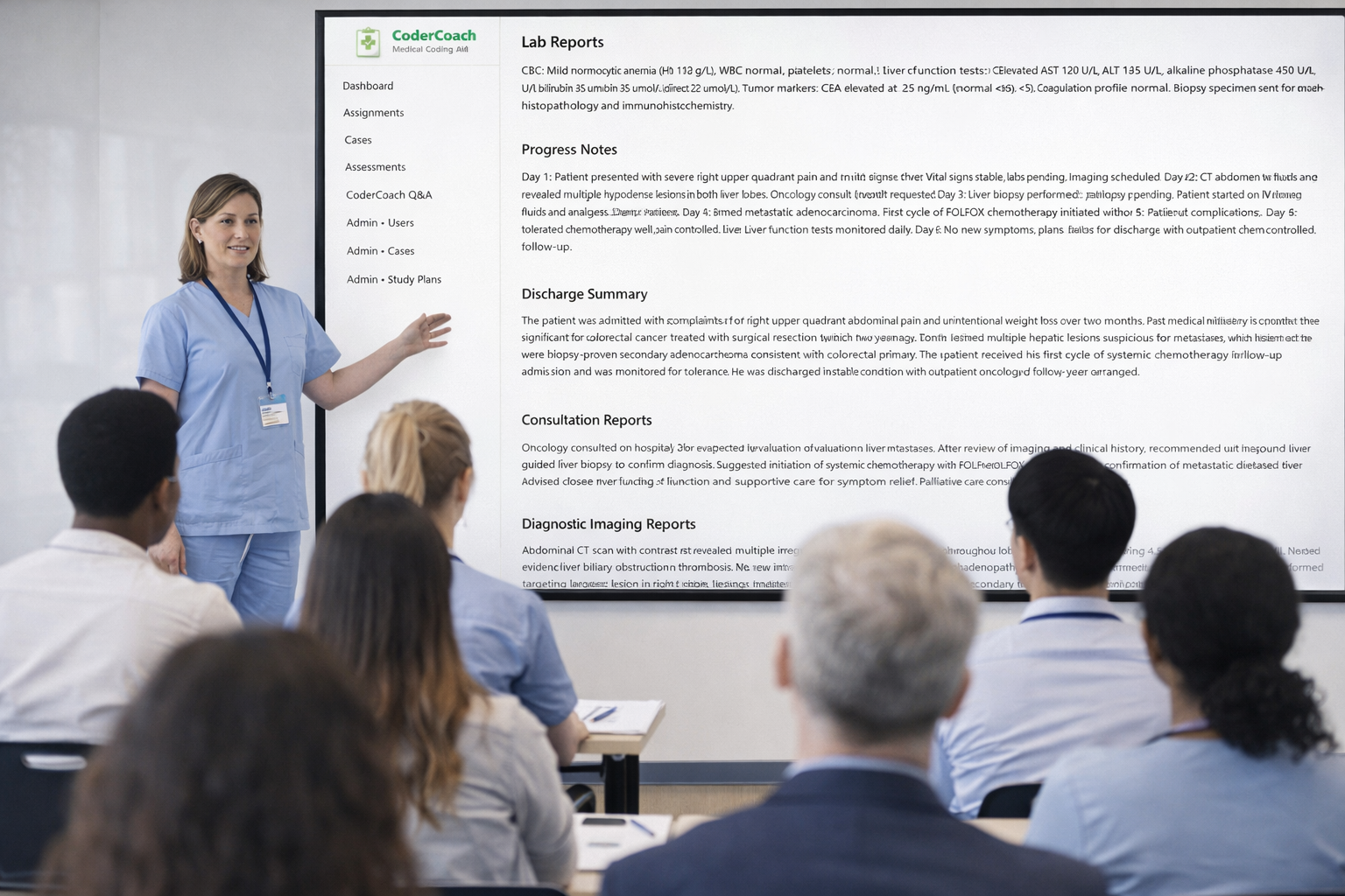 A female presenter in blue scrubs is giving a lecture to healthcare professionals in a conference room, with a large screen displaying medical lab reports from CoderCoach