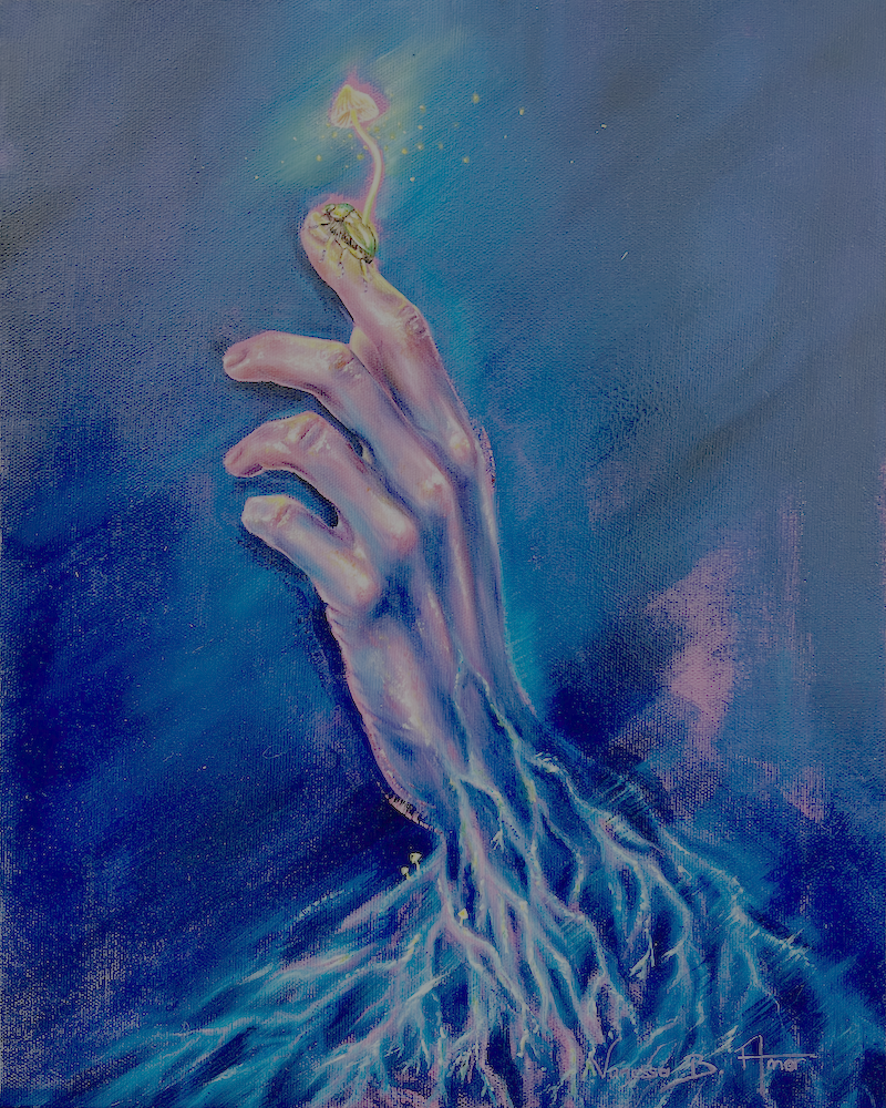 Main traversée par un réseau mycélien avec scarabée et champignon lumineux – peinture Émergence de Vanessa Ben Amor