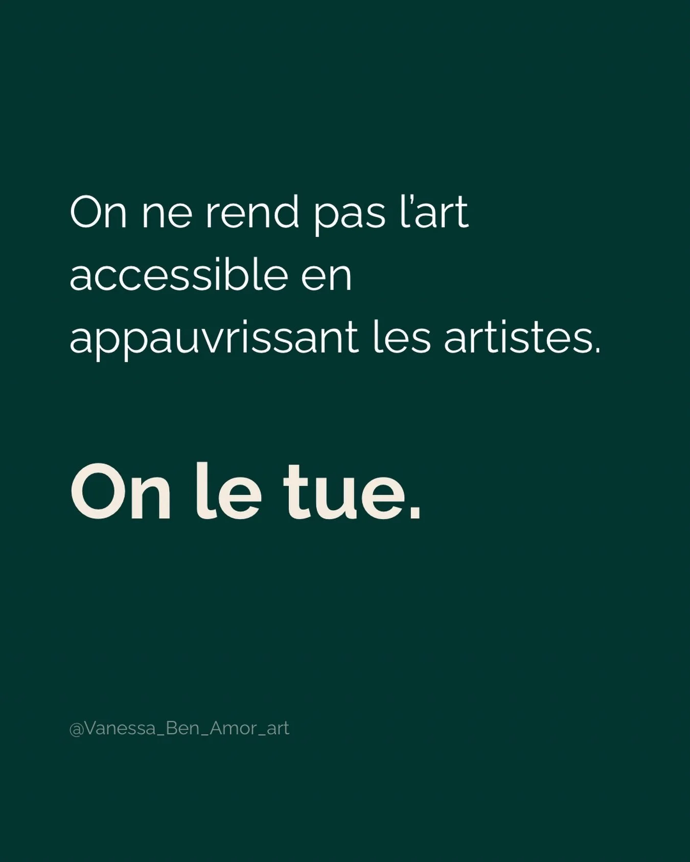 On parle souvent de rendre l&rsquo;art accessible&hellip; ok !

Mais l&rsquo;accessibilit&eacute; ne devrait jamais signifier la pr&eacute;carit&eacute; de ceux qui cr&eacute;ent.

Une soci&eacute;t&eacute; qui veut de l&rsquo;art doit aussi accepter