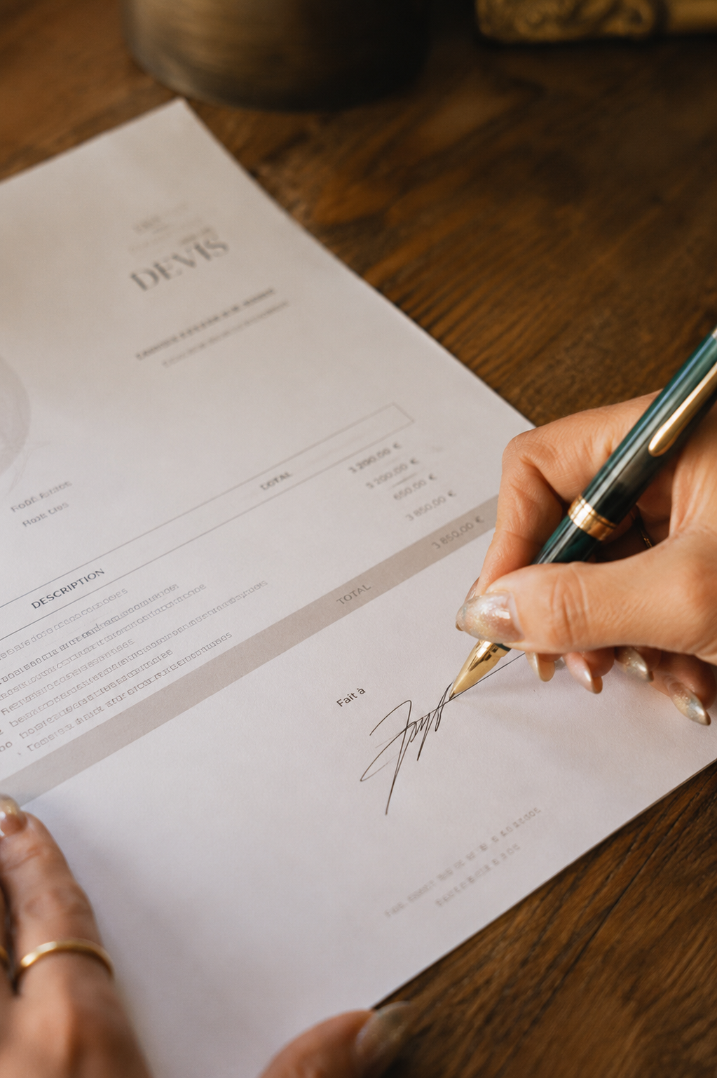 Une personne signe un reçu ou une facture sur une table en bois.
