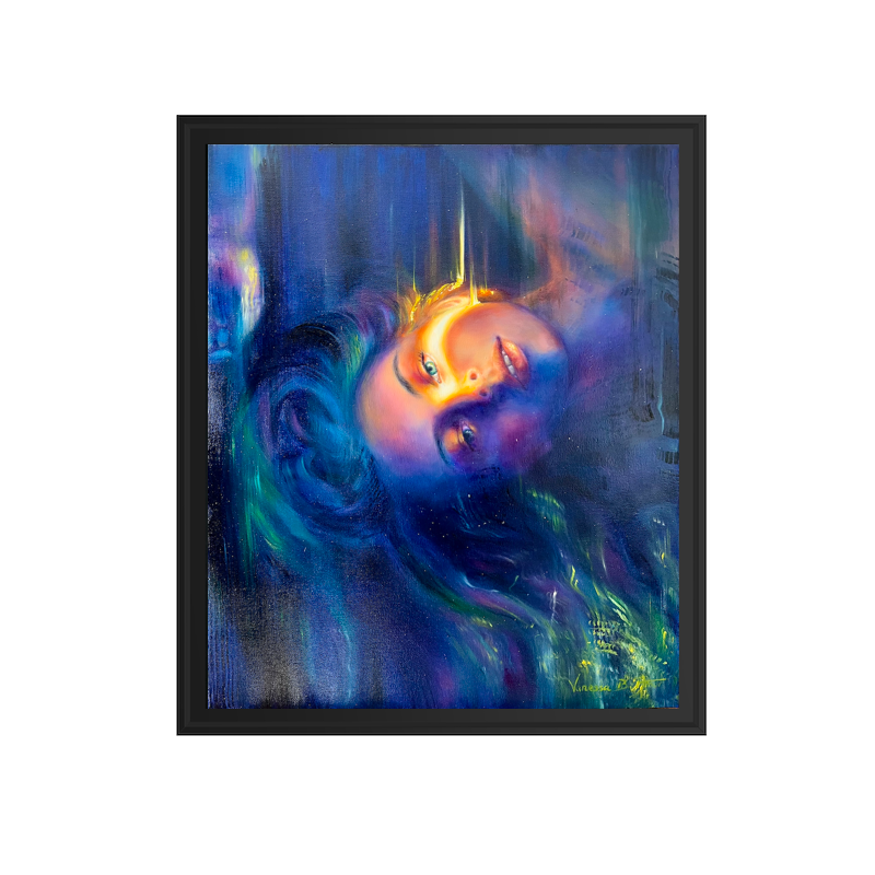 Visage féminin immergé dans un flux lumineux et coloré – peinture Expansion de Vanessa Ben Amor