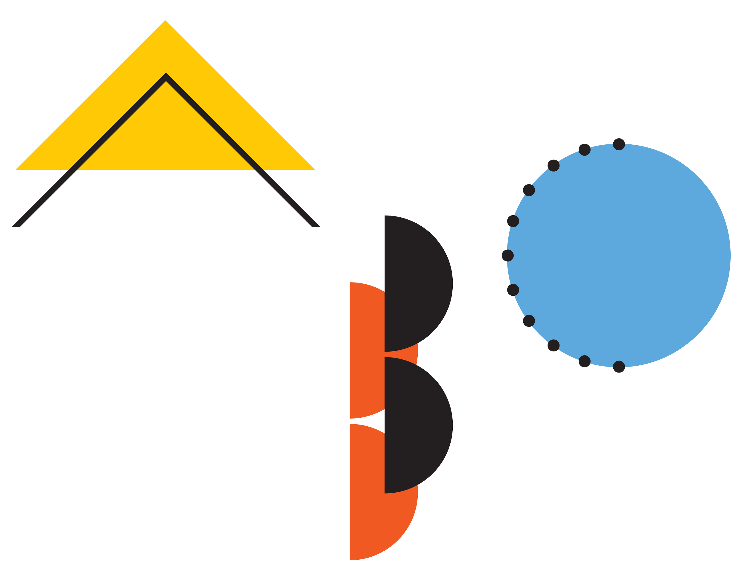 The ABC logo is a geometric assemblage of triangles and circles that represent the vernacular of iconic architectural profiles. The color scheme reflects Bauhaus simplicity in yellow, orange, and blue.