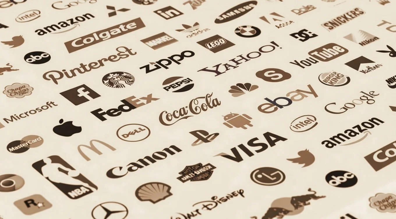 A collection of various well-known company logos, including Amazon, Facebook, Microsoft, Nike, Coca-Cola, YouTube, eBay, PayPal, Instagram, and others, printed on a beige background.
