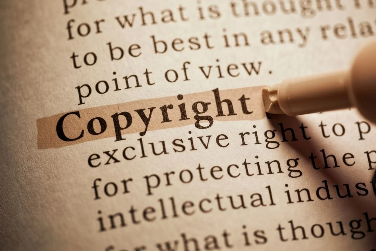 Close-up of a dictionary page with the word "Copyright" highlighted and a marker pointing at it.