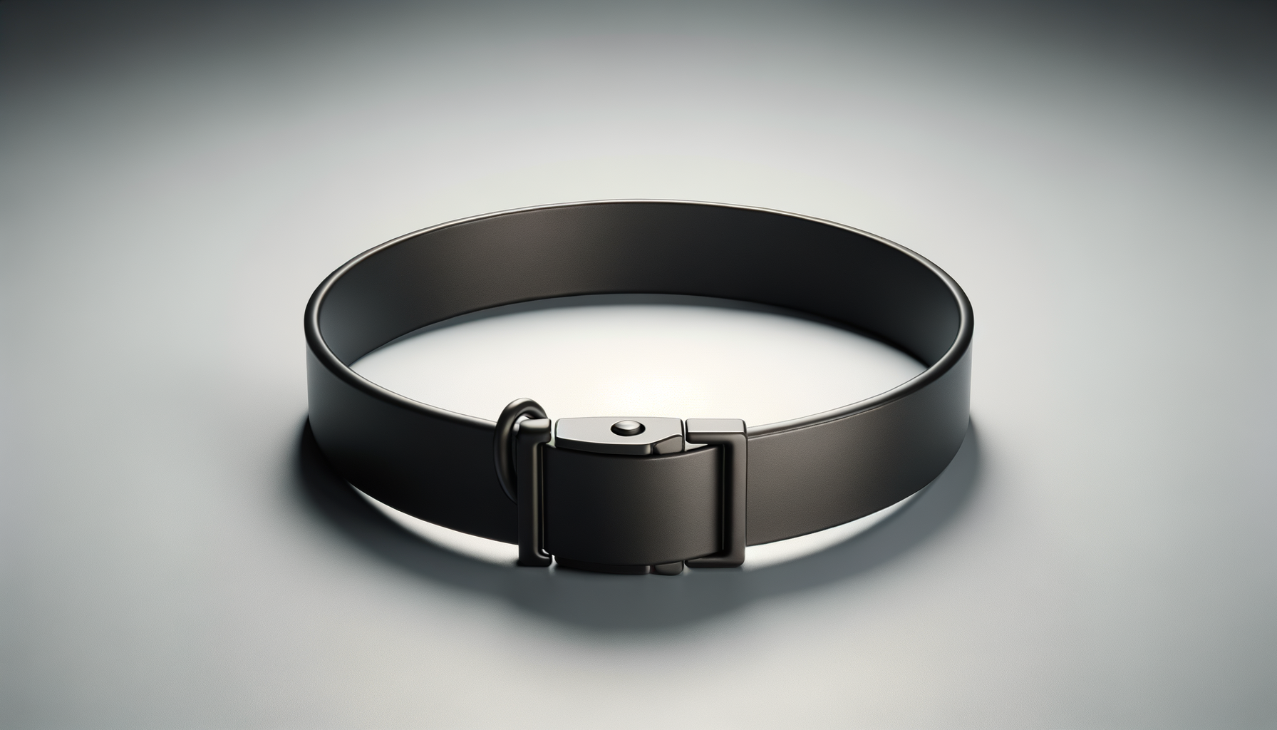 Black collar with silver buckle on a light grey background