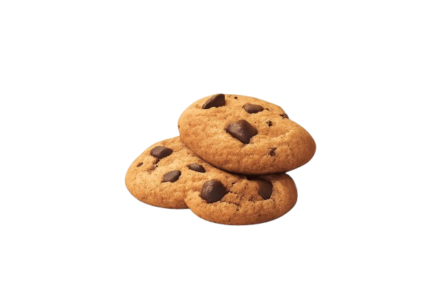 Three chocolate chip cookies stacked on top of each other.
