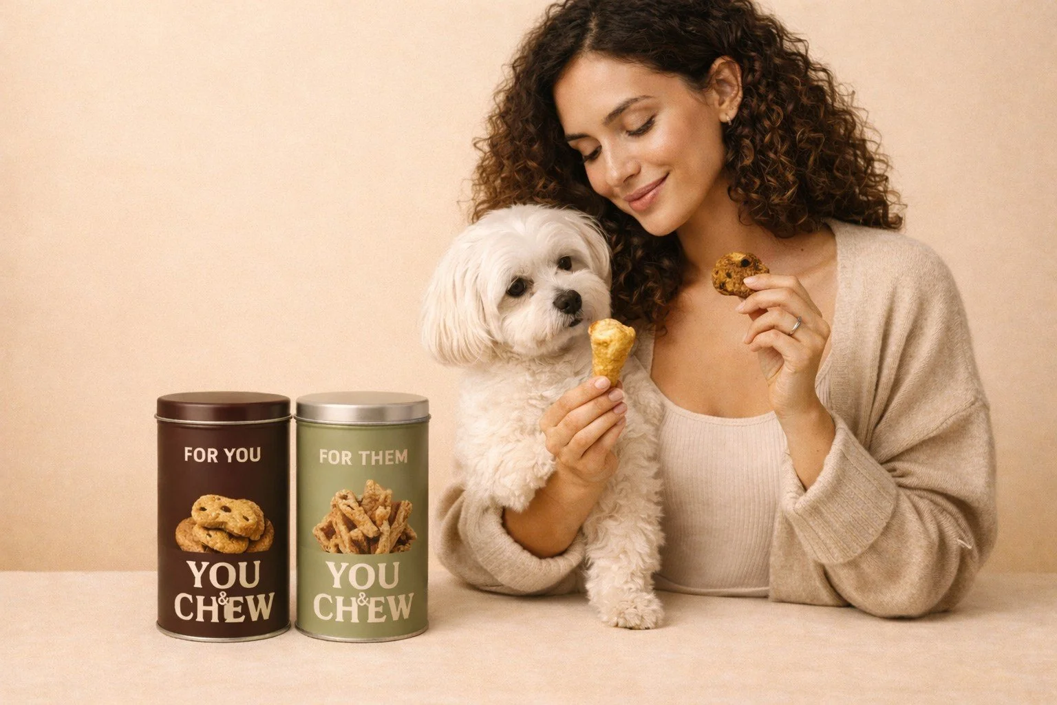 A woman with curly hair holding a Maltese dog and treats, two tins labeled 'For You Chew' and 'For Them Chew' containing dog treats.