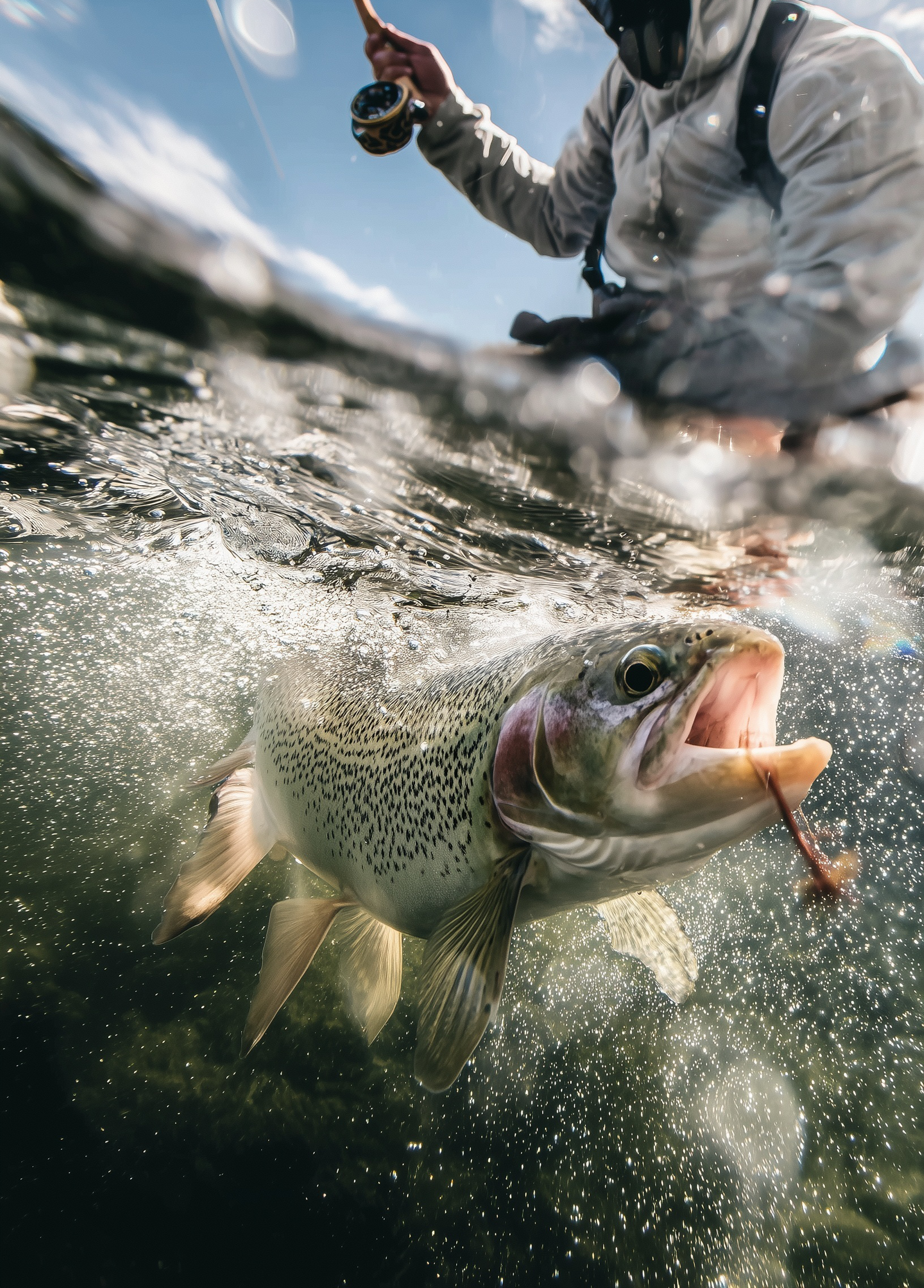 A person in a gray jacket and fishing gear is fishing in a river, holding a fishing rod, while a large, speckled fish with its mouth open and an insect in its mouth swims near the camera underwater.