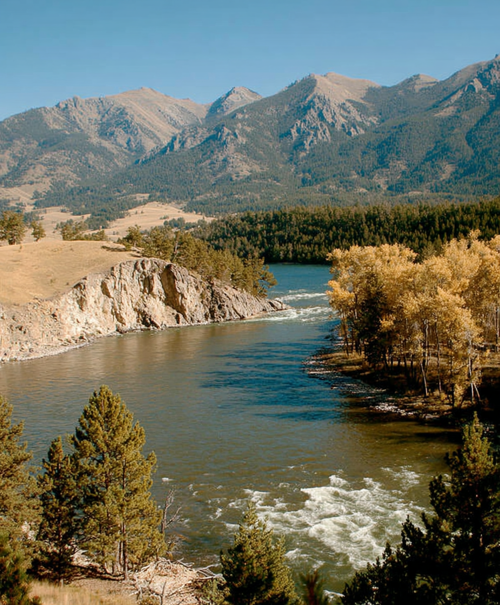 A scenic view of a river flowing through a valley with forested islands, surrounded by mountains under a clear blue sky.