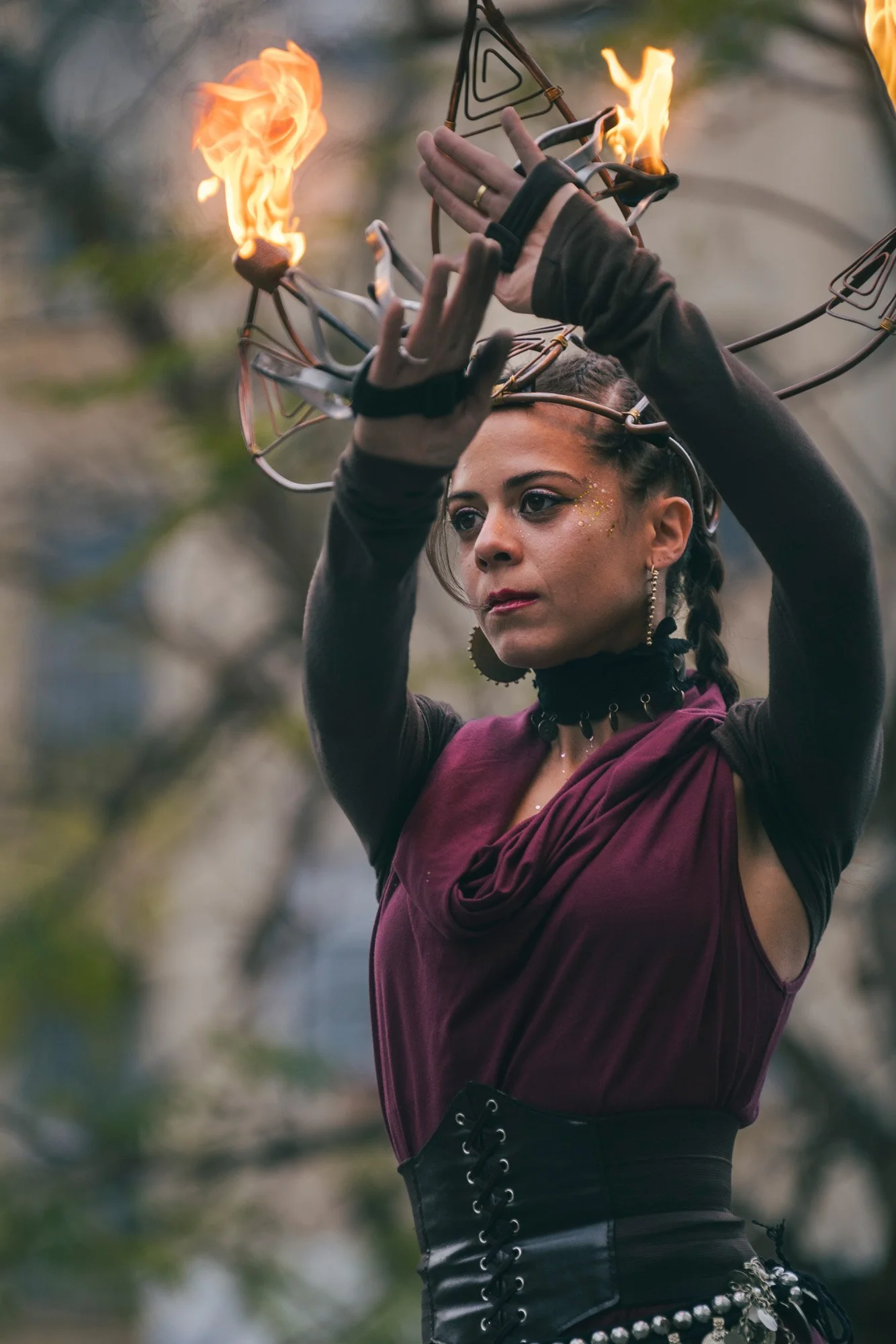 Fire dancer portrait by Pendrafoc during an outdoor ritual performance, Barcelona, Spain.