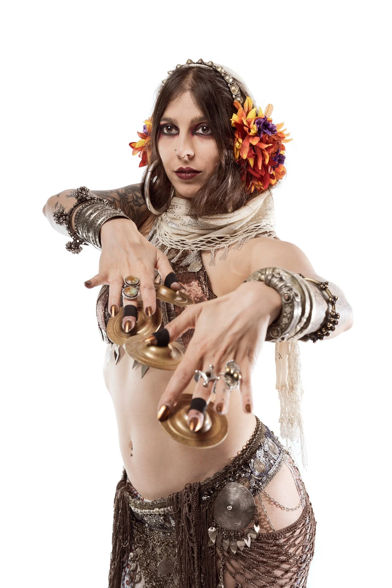 Cosmosdaughter performing expressive hand movement during tribal fusion inspired portrait session
