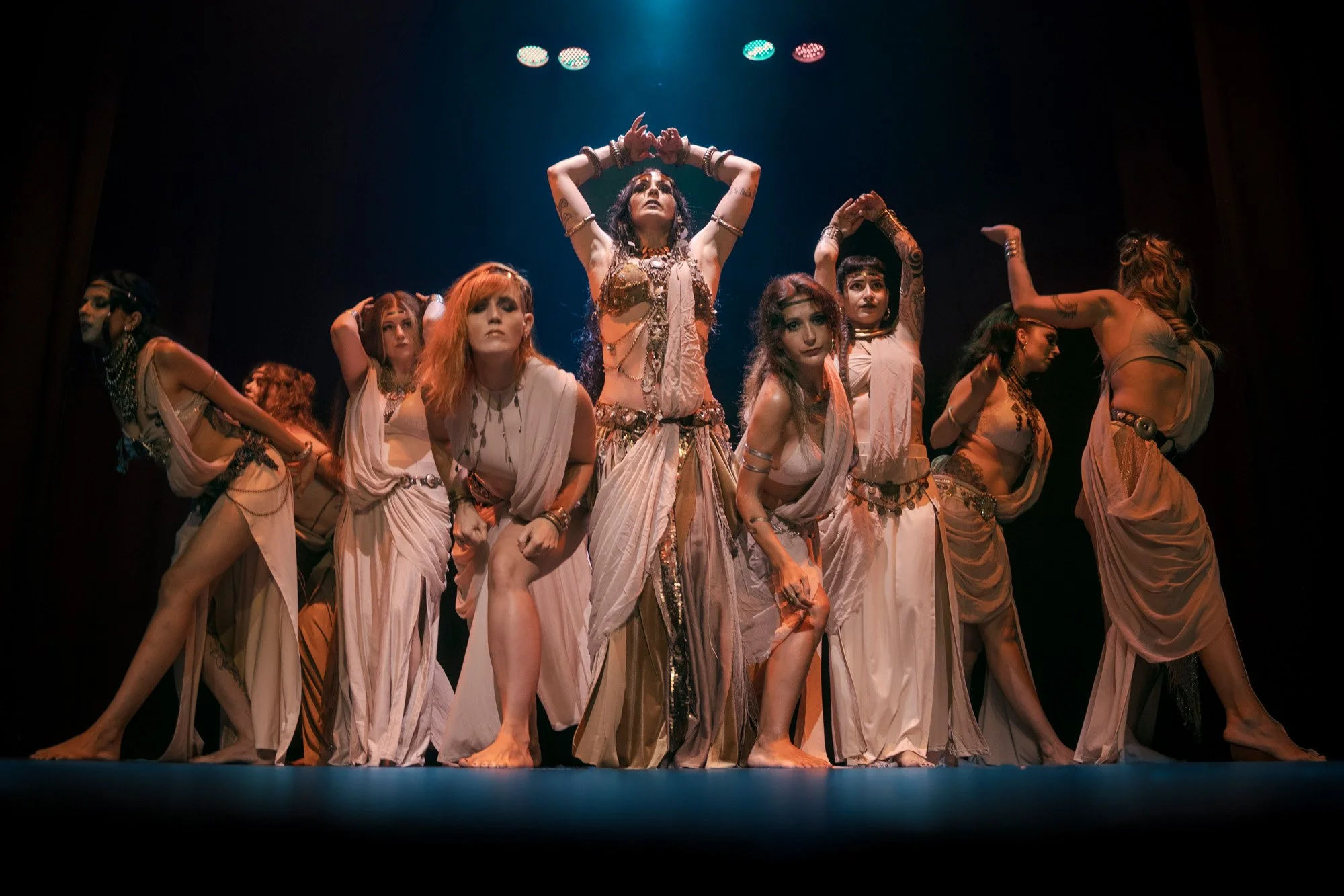 Tribal fusion dancer Tiare Valouria performing with the Tribal and Flames crew on stage in Barcelona.