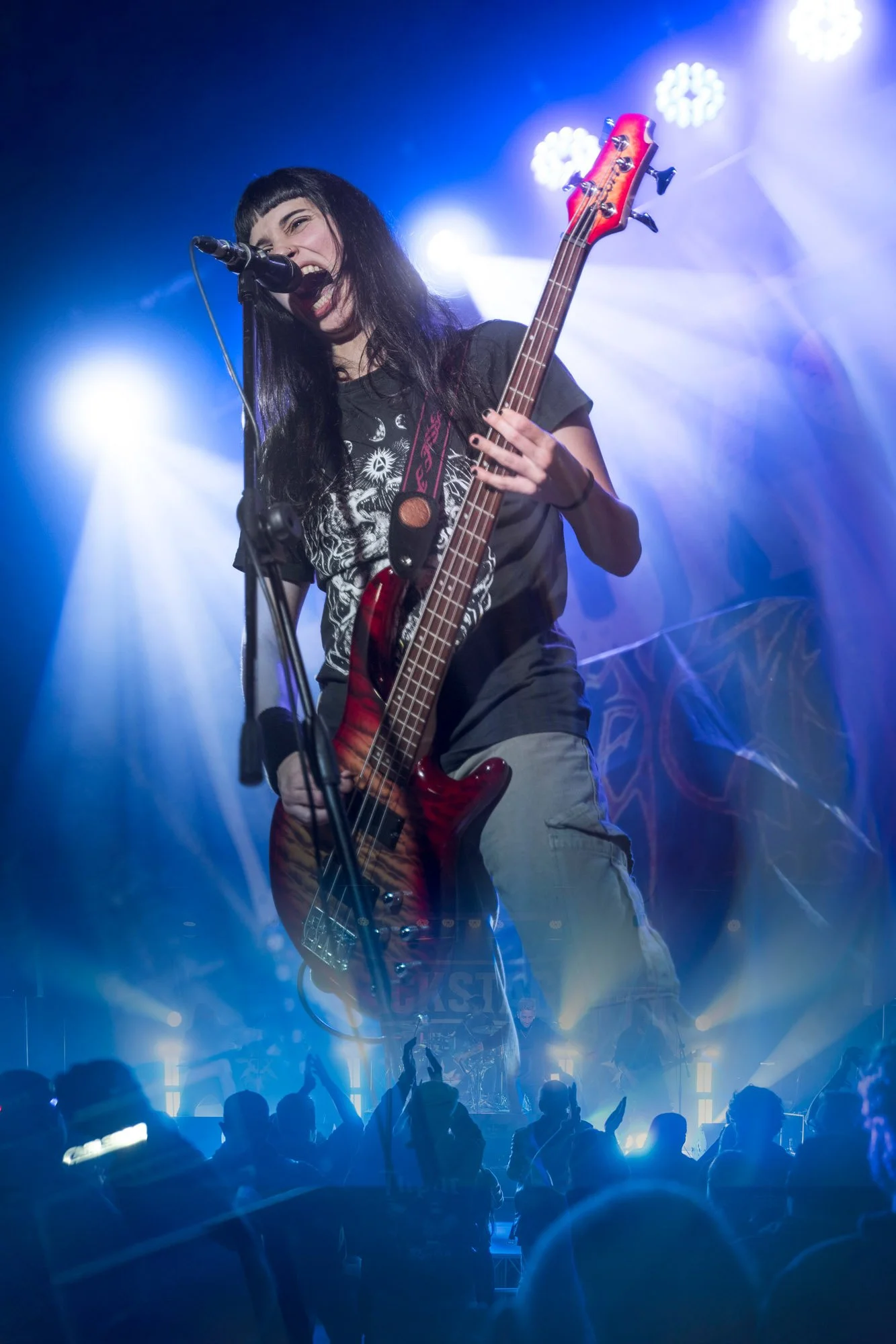 bass player performing on stage during metal concert with crowd silhouettes in foreground