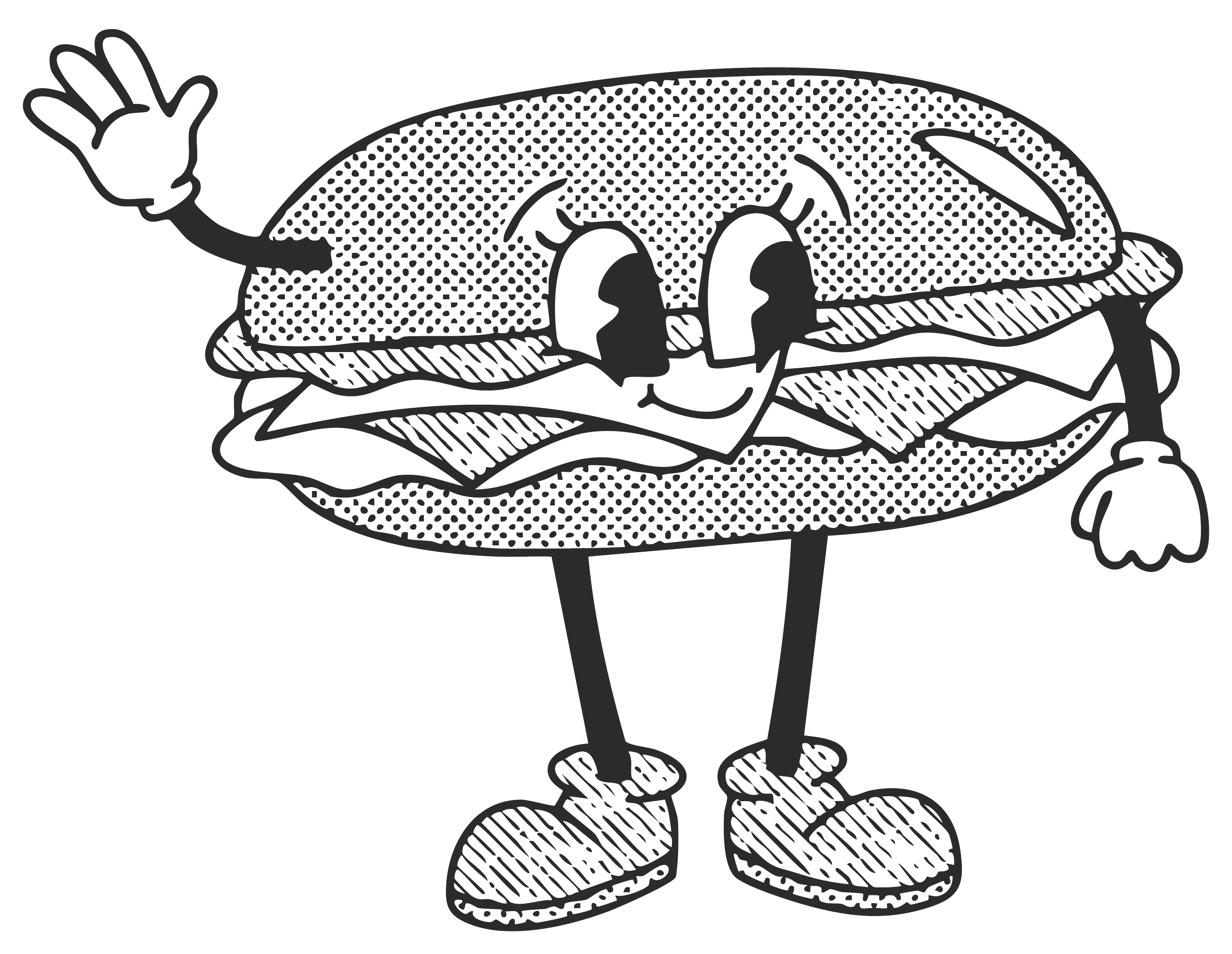 A cartoon hot dog with arms, legs, and shoes, waving.