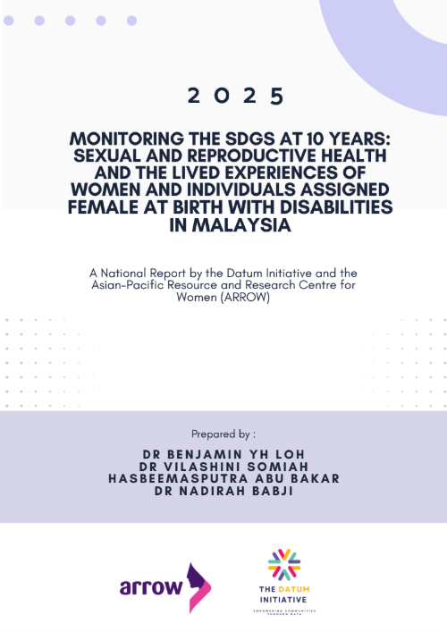 Cover page of a report titled '2025 Monitoring the SDGs at 10 Years: Sexual and Reproductive Health and the Lived Experiences of Women and Individuals Assigned Female at Birth with Disabilities in Malaysia', prepared by Dr. Benjamin YH Loh, Dr. Vilashini Somiah, Hasbeemasputra Abu Bakar, and Dr. Nadirah Babji, with logos of ARROW and The Datum Initiative.