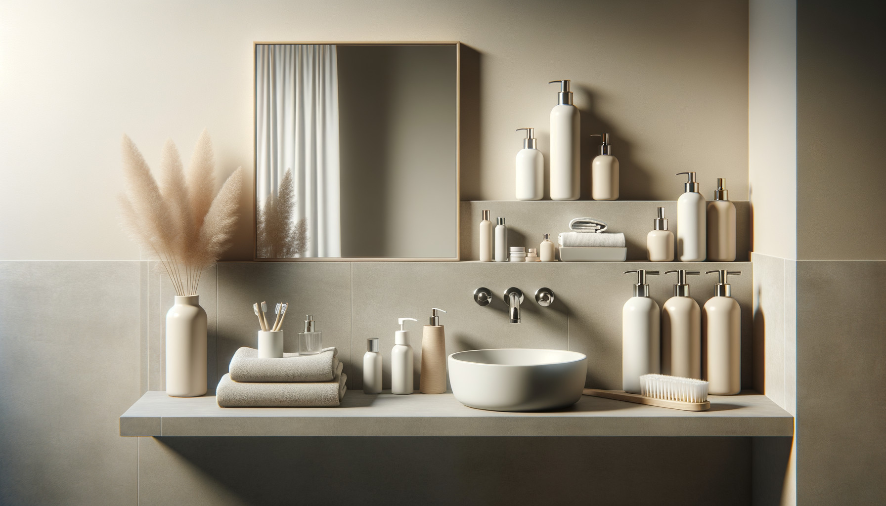 Modern bathroom with a beige countertop, white vessel sink, and an assortment of white and beige bottles, towels, and toiletries. A large mirror reflects white curtains and a beige wall. A vase with pampas grass is on the left, and a toothbrush holder with toothbrushes and a liquid soap dispenser are on the countertop.