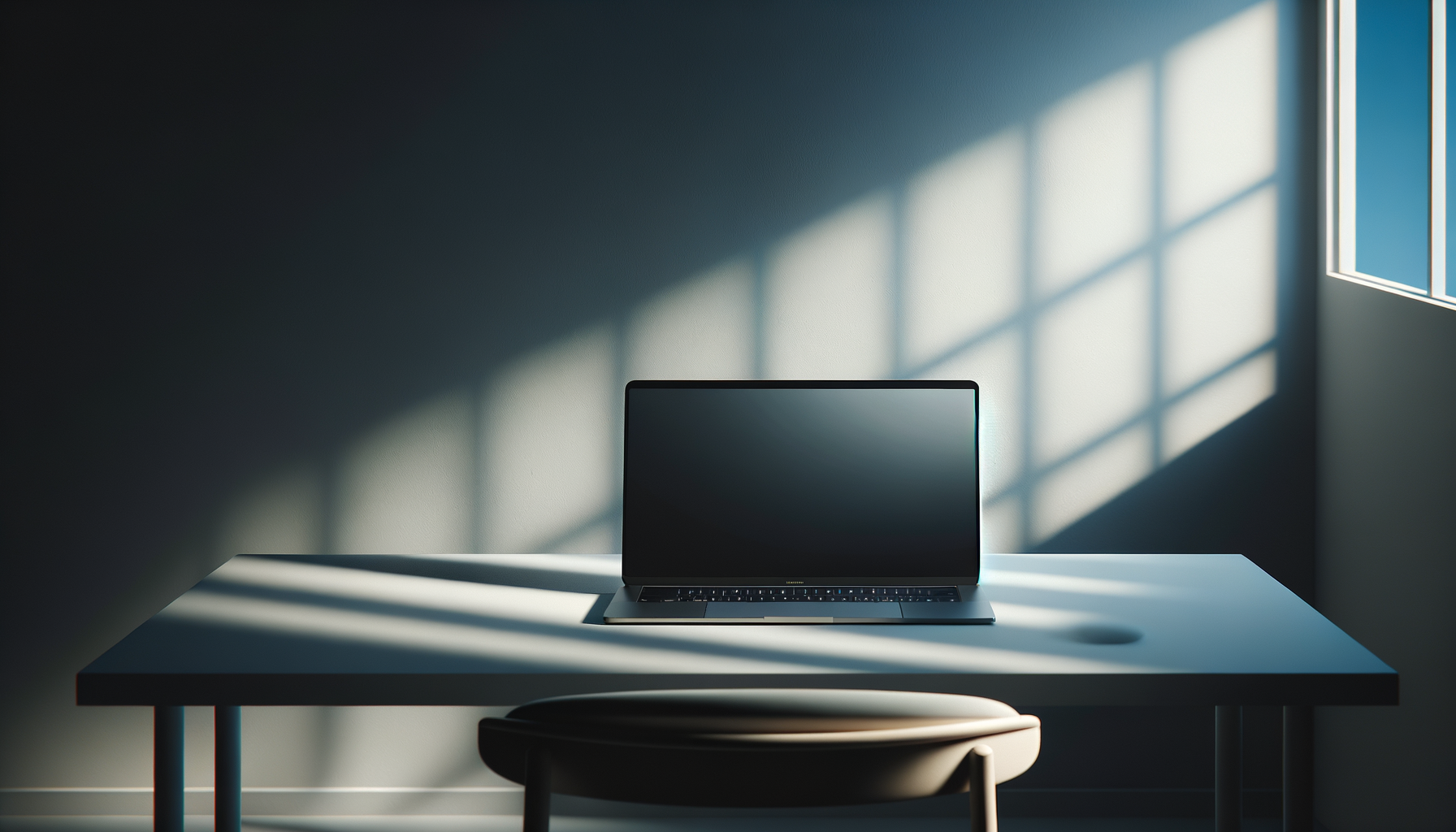 Laptop on a white desk with shadows cast by window sunlight, a chair in front, and a corner of a window on the right.