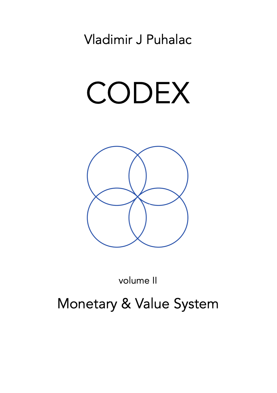 Book cover titled 'CODX' by Vladimir J Puhalac, volume II, focusing on the monetary and value system, with a minimalist white background and a geometric graphic of overlapping circles.