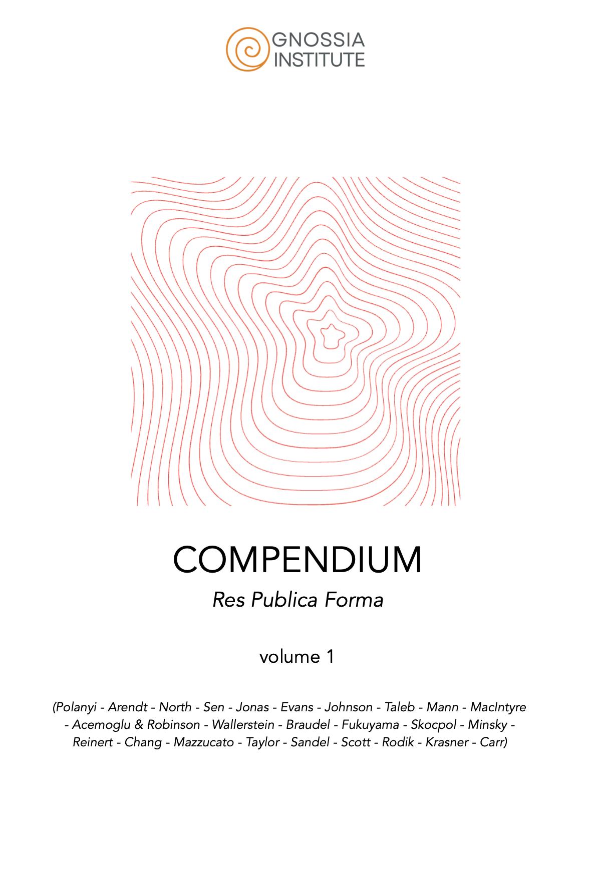 Cover page of a publication titled "Compendium Res Publica Forma Volume 1" with a logo of the Gnossia Institute at the top and a red contour map design.