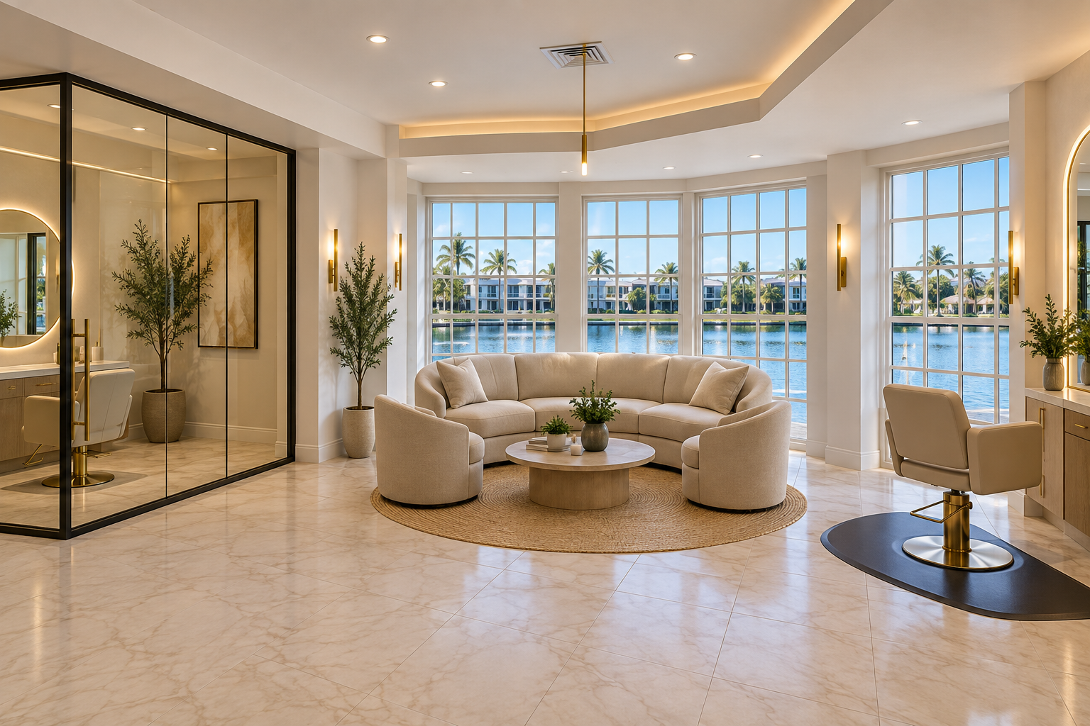 Bright living room with large windows overlooking water, light-colored sectional sofa, round coffee table with plants, and potted trees